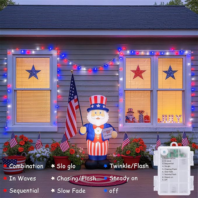 JMEXSUSS 33ft 100 LED Red White and Blue Lights Outdoor, Battery Operated | 4th of July Lights with Remote, 8 Modes Patriotic Decorations for Indoor Outside Independence Day American Flag Holiday