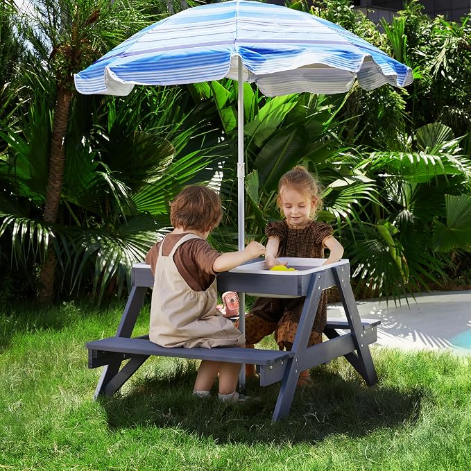 3-in-1 Kids Picnic Table, Play Sand and Water Sensory Table with Height Adjustable Umbrella & Removable Tabletop, Kids Wooden Outdoor Table, with 3 Storage Bins, Upgraded
