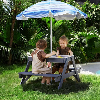 3-in-1 Kids Picnic Table, Play Sand and Water Sensory Table with Height Adjustable Umbrella & Removable Tabletop, Kids Wooden Outdoor Table, with 3 Storage Bins, Upgraded
