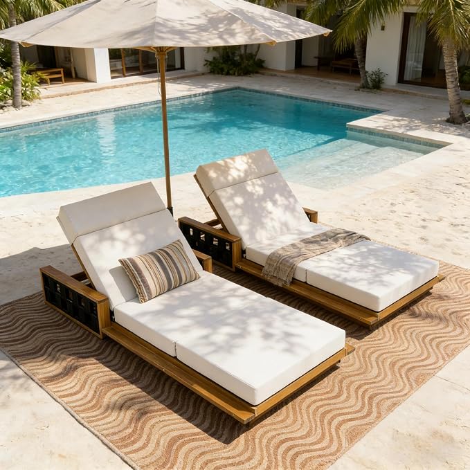 Merax Acacia Wood Patio Chaise Lounge with 4-Position Adjustable Backrest, Outdoor Sunbathing Recliner Chair & 4" Thick Four-fold Cushion for Poolside, Garden, Backyard, Patio, Cream