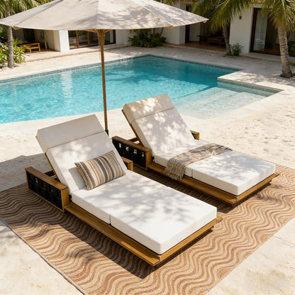 Merax Acacia Wood Patio Chaise Lounge with 4-Position Adjustable Backrest, Outdoor Sunbathing Recliner Chair & 4" Thick Four-fold Cushion for Poolside, Garden, Backyard, Patio, Cream