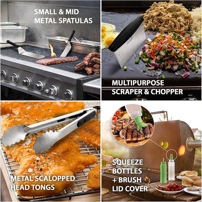 Metal Spatula Set Stainless Steel and Scraper - Professional Chef Griddle Spatulas Set of 6 - Heavy Duty Accessories Great for Cast Iron BBQ Flat Top Grill Skillet Pan