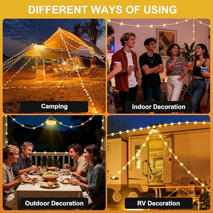 Camping String Lights, 4 in 1 Quick Storage 33FT Rechargeable Tent Lights with 14 Lighting Modes, Hanging Waterproof Portable Retractable LED Lamp for Outdoor, Patio, RV, Awning, Garden, Party