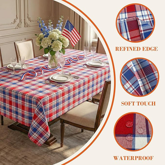 4th of July Red White and Blue Plaid Tablecloth – Waterproof Patriotic Independence Day Table Cover for BBQ, Picnic, Party, Farmhouse Kitchen & Outdoor Decor, W60 x L102 in