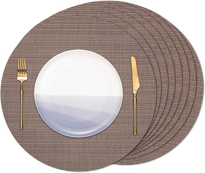 Round Placemats Set of 8 Heat Resistant Vinyl Placemats 15 inch Washable Non-Slip Table Mats Woven Place Mats for Dining Table (Coffee, Set of 8)