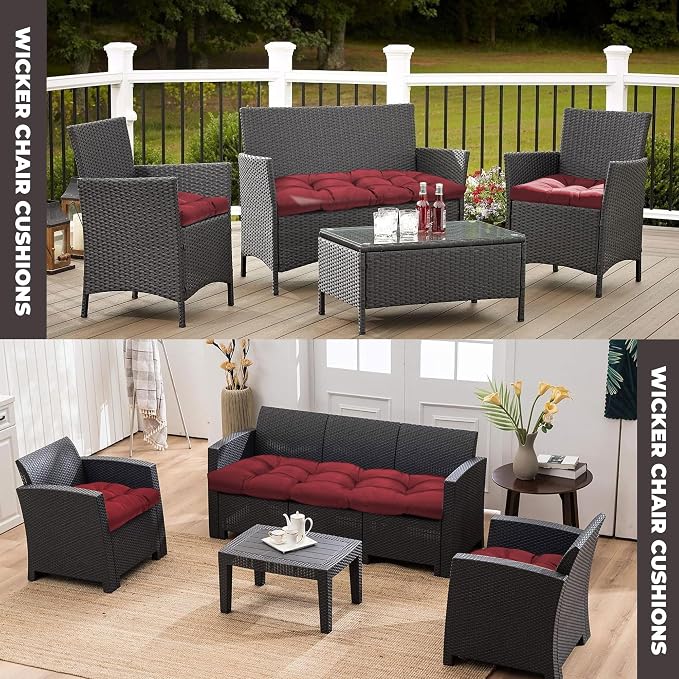 DANGHOOGY Wicker Chair Cushions, Waterproof Outdoor Loveseat Cushions for Patio Furniture, Tufted Wicker Furniture Cushions, 1 Loveseat and 2 U-Shaped Cushions, Red