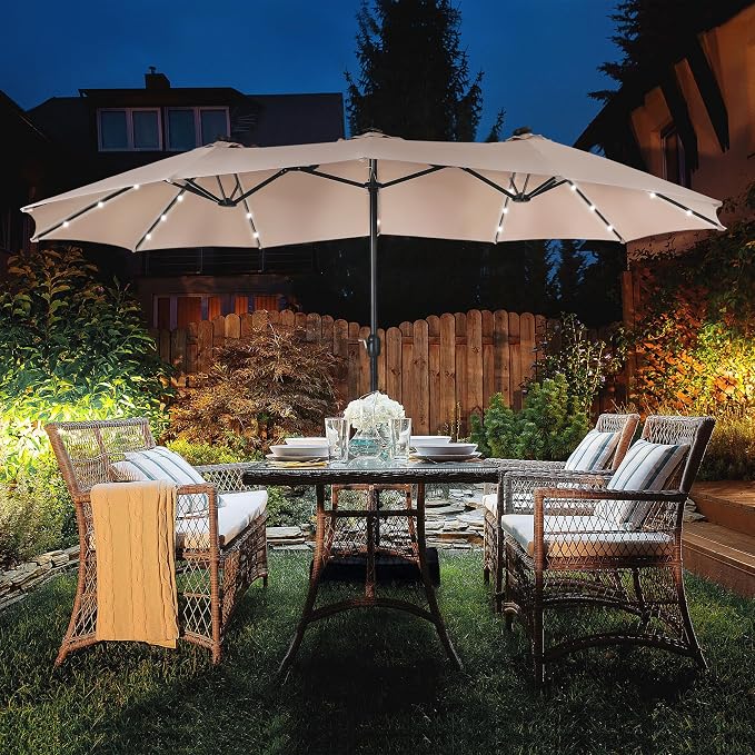 15ft Patio Umbrella with Solar lights & Base, Large Umbrellas, Beige | HERA'S PALACE Rectangle Double Market Umbrella with 36 LED Lights, Big Outdoor Umbrellas for Pool Picnic Inground Yard Deck