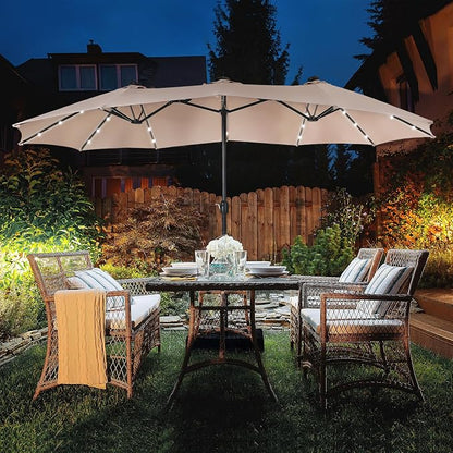 15ft Patio Umbrella with Solar lights & Base, Large Umbrellas, Beige | HERA'S PALACE Rectangle Double Market Umbrella with 36 LED Lights, Big Outdoor Umbrellas for Pool Picnic Inground Yard Deck