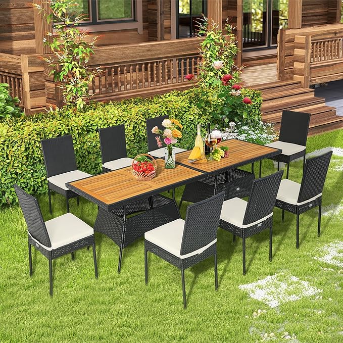 Tangkula 10 Piece Wicker Patio Dining Set, Outdoor Rattan Table & Chairs Set with Padded Cushions, Patio Furniture Dining Acacia Wood Table Set for Balcony Patio Garden Poolside