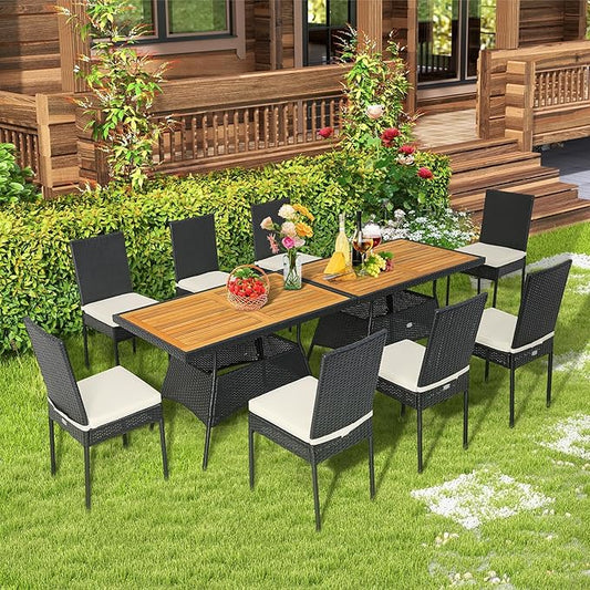 Tangkula 10 Piece Wicker Patio Dining Set, Outdoor Rattan Table & Chairs Set with Padded Cushions, Patio Furniture Dining Acacia Wood Table Set for Balcony Patio Garden Poolside