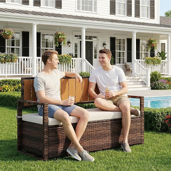 GarveeLife Wicker Storage Bench, Outdoor Rattan Stool with Iron & Plastic Wood Frame, Dark Brown Rattan, White Cushion, with Hidden Storage for Patio