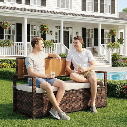 GarveeLife Wicker Storage Bench, Outdoor Rattan Stool with Iron & Plastic Wood Frame, Dark Brown Rattan, White Cushion, with Hidden Storage for Patio
