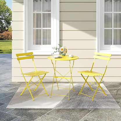 Bistro Table and Chairs Set of 2, 3 Piece Outdoor/Indoor Folding Patio Bistro Sets, 2 Chair Patio Furniture Set with Table, Premium Frame Foldable Coffee Tables for Balcony, Yard, Garden, Yellow