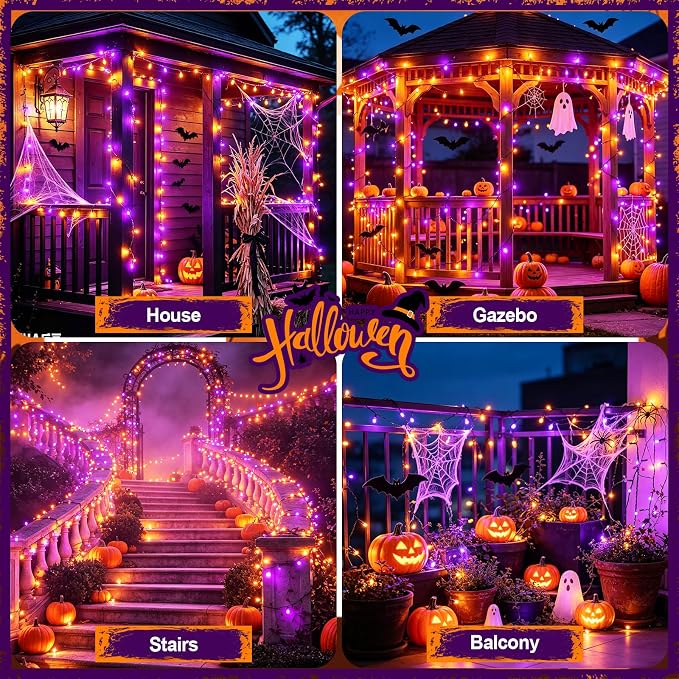 Slyuexu Solar String Lights Outdoor Waterproof 2 Pack Total 66ft 200LED | 8 Modes Twinkle Lights Solar Fairy Lights for Patio, Garden Yard Party Wedding Tree Halloween Decoration, Orange + Purple