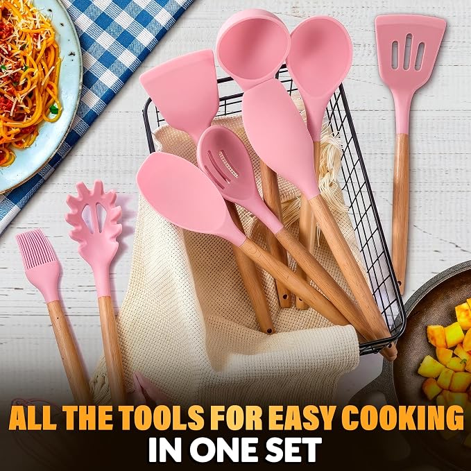 12 Pcs Pink Cooking Utensils Set with Holder for Nonstick Cookware | Silicone Kitchen Utensils Set for BBQ; Heat-Resistant Tools with Wooden Handles for Baking, Serving, Frying, and Mixing