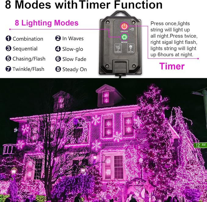 Solar Christmas String Lights, Pink 200Led Outdoor Waterproof | 2 Pack Total 400LED 144Ft 8 Modes Timer, IP44 Outside Valentines’ Day Fairy Lights for Tree, Garden, Patio, Yard Decorations