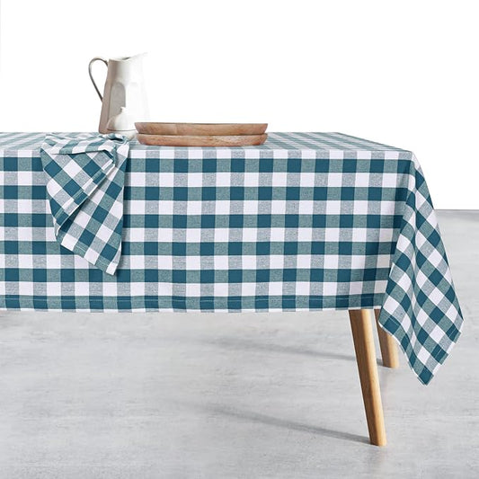Gingham Tablecloth, 52x70 Inch, 100% Cotton, Classic Check Table Cover, Durable & Washable for Farmhouse Kitchen, Picnics, Dining Table, Everyday Use, Teal Green and White