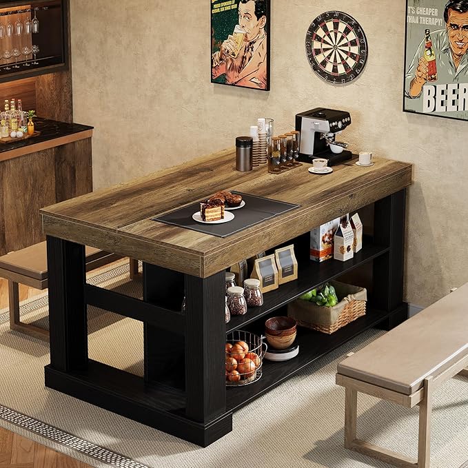 Tribesigns 55" Kitchen Island with Seating and Storage, 3-Tier, Farmhouse | Wood Stationary Island Table with Large Worktop & Legroom, Heavy Duty, Coffee Bar Table with Storage Shelf for Kitchen, Black