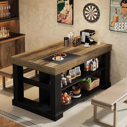 Tribesigns 55" Kitchen Island with Seating and Storage, 3-Tier, Farmhouse | Wood Stationary Island Table with Large Worktop & Legroom, Heavy Duty, Coffee Bar Table with Storage Shelf for Kitchen, Black