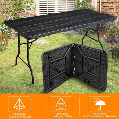 6ft Folding Table, Portable Heavy Duty Plastic Fold-in-Half Utility Table for Indoor/Outdoor Use, Dining, Camping, Picnic, Party, Black Woodgrain
