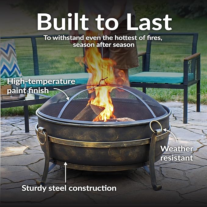 Sunnydaze 34-Inch Steel Large Fire Pit for Outside - Wood-Burning Fire Pit Bowl for Outdoors with Spark Screen, Log Poker, and Grate