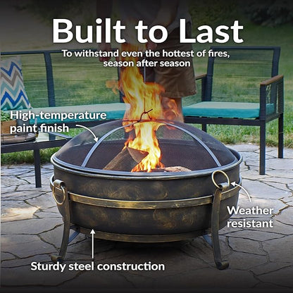 Sunnydaze 34-Inch Steel Large Fire Pit for Outside - Wood-Burning Fire Pit Bowl for Outdoors with Spark Screen, Log Poker, and Grate