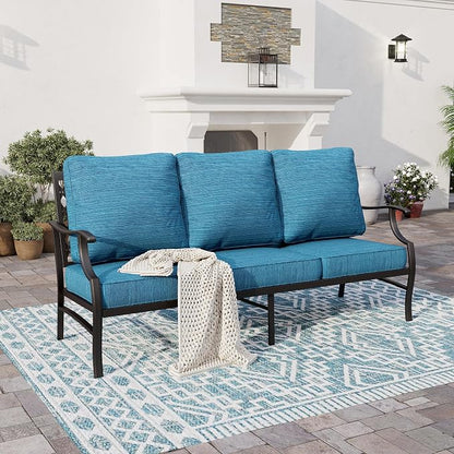 SUNSHINE VALLEY Metal Patio Furniture Sofa with 5.75" Extra Thick Waterproof Cushion, 3-Seater Deep Seating & High-Back Outdoor Couch All Weather Outdoor Seating for Backyard Deck Front Porch, Blue-2
