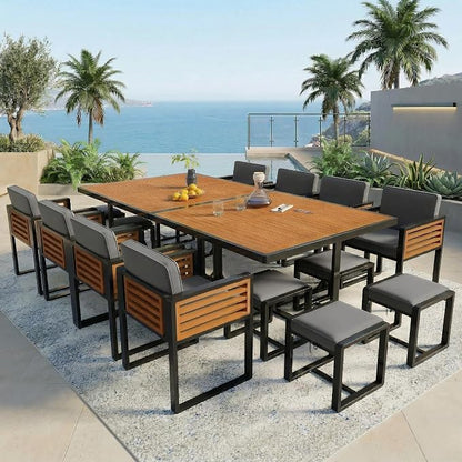 Merax 18-Piece Patio Dining Set for 16 People, Acacia Wood Outdoor Furniture Sets with 2 Square Tables, 8 Cushioned Chairs and 8 Ottomans for Backyard, Garden, Lawn, Poolside, Space Saving Design,Gray
