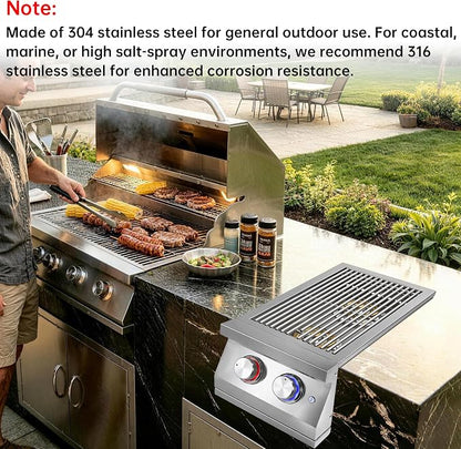 Double Side Burners-LP Side Burner with Cast Brass Burner | Heavy-Duty 304 Stainless Steel, Built-in Side Burners with LED Outdoor Kitchen BBQ Island