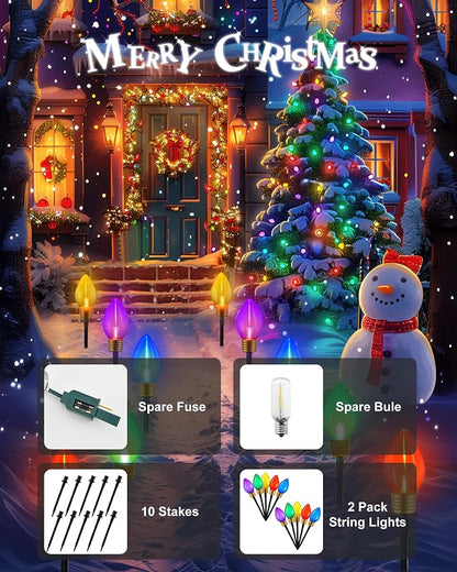 10 Lights Jumbo C9 Pathway Christmas Lights Outdoor, 11Ft 2 Pack 5 LED Giant Bulbs, Large Outdoor Christmas Decor for Holiday Lawn Yard Garden, Big Light Decorations, Multicolor