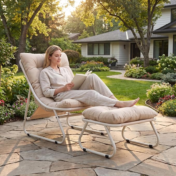 Rocking Chair with Ottoman, Modern Metal Frame Outdoor Rocker, Comfy Patio Lounge Chair with Footrest, Reading Glider Chairs for Living Room, Bedroom, Balcony, Garden, Relax, Beige