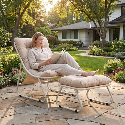 Rocking Chair with Ottoman, Modern Metal Frame Outdoor Rocker, Comfy Patio Lounge Chair with Footrest, Reading Glider Chairs for Living Room, Bedroom, Balcony, Garden, Relax, Beige