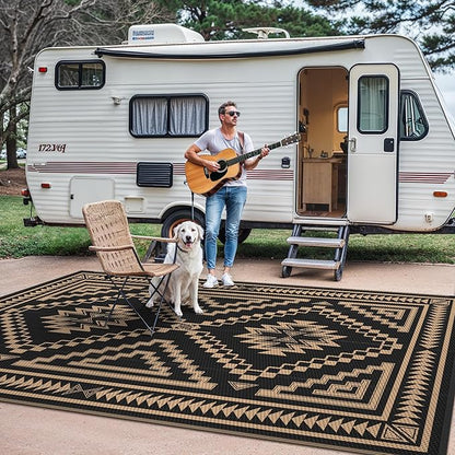 GENIMO Outdoor Rug, Waterproof Plastic Rugs for Patio, 8'x10' Dark Brown | Outside Larger Modern Carpet Mat for Porch Decor, Deck, Balcony, Camping, RV, Backyard, Picnic, Beach, Reversible, Foldable