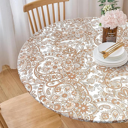 LIBERECOO Luxury Paisley Round Vinyl Tablecloth with Flannel Backing - Waterproof, Oilproof, Wipeable Dining Table Cover for Indoor/Outdoor Use
