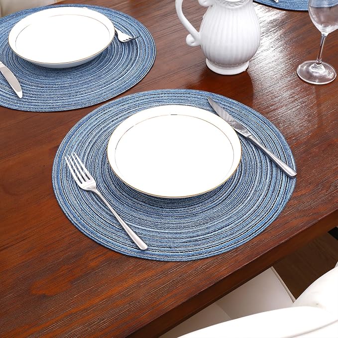 SHACOS Round Braided Placemats Set of 6 Circle Place Mats Kitchen Table Mats for Dining Table Wedding Party (Blue Gray, 6)
