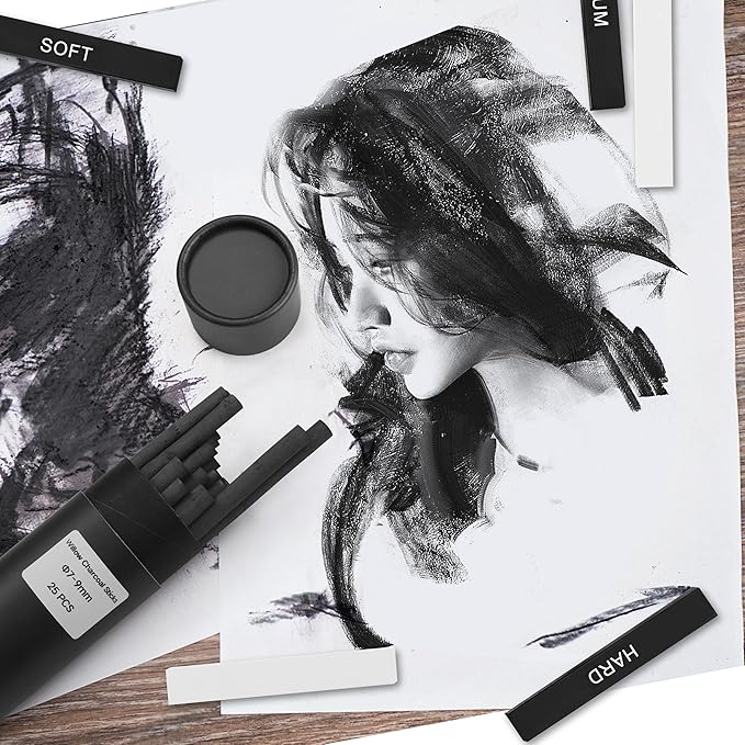 24 Pcs Compressed Charcoal Sticks with Soft, Medium, Hard and White Charcoal, Square Charcoal Stick Kit for Drawing, Sketching and Shading (12 Black and 12 White)