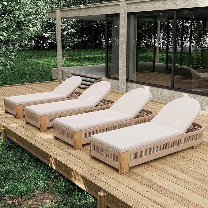 Merax 4-Piece Outdoor Chaise Lounge Chair with Adjustable Backrest & Waterproof Cushion - Acacia Wood Pool Sun Lounger for Patio, Beach, Yard, Garden, Beige