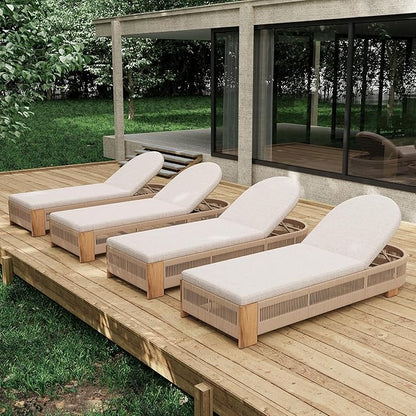Merax 4-Piece Outdoor Chaise Lounge Chair with Adjustable Backrest & Waterproof Cushion - Acacia Wood Pool Sun Lounger for Patio, Beach, Yard, Garden, Beige