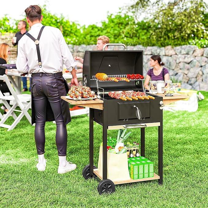 Charcoal BBQ Grill with 245 sq. in. Cooking Area, Outdoor Barbecue Grill with Adjustable Charcoal Pan, 3 Shelves, Thermometer, Wheels, Black 245 Square Inch Grilling Surface: This large charcoal BB