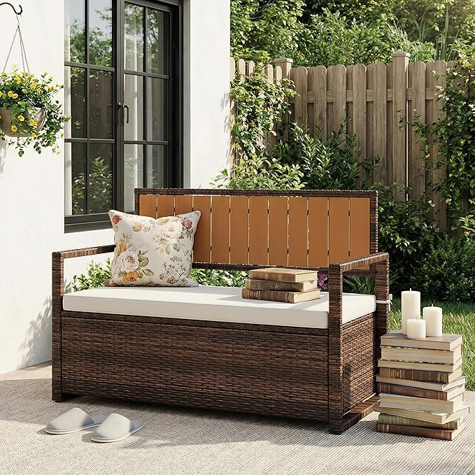GarveeLife Wicker Storage Bench, Outdoor Rattan Stool with Iron & Plastic Wood Frame, Dark Brown Rattan, White Cushion, with Hidden Storage for Patio