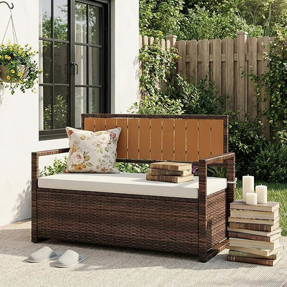 GarveeLife Wicker Storage Bench, Outdoor Rattan Stool with Iron & Plastic Wood Frame, Dark Brown Rattan, White Cushion, with Hidden Storage for Patio