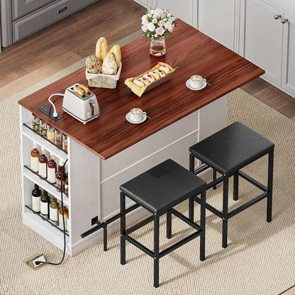YITAHOME Kitchen Island with Seating | 47 Inch Mobile Storage Island with Drop Leaf, Power Outlet & Spice Rack, 2 Upholstered Stools and Footrest