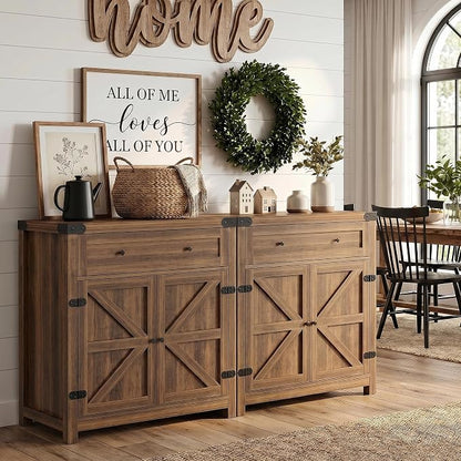 YESHOMY Kitchen Storage Cabinet, Coffee Bar Cabinet, Farmhouse Sideboard Buffet with Storage, Barn Door Accent Cabinet with a Drawer and Adjustable Shelf for Dining Room, Entryway, Rustic Brown, 2 PCS