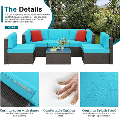 6 Pieces Patio Furniture Set Outdoor Couch Wicker Sectional Sofa, Blue
