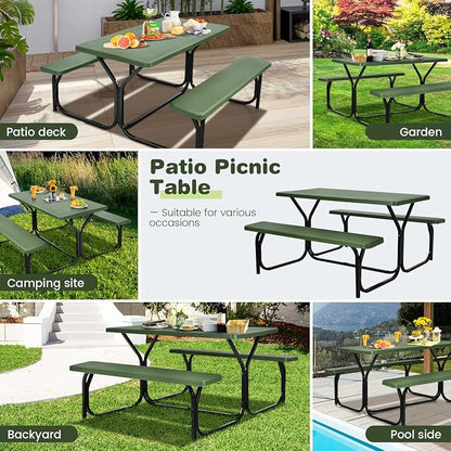 Picnic Table, Outdoor Dining Table with 2 Benches, Wood Grain Tabletop, Heavy Duty Metal Frame, Portable Picnic Table for Outdoors Backyard Garden Lawn Patio Poolside Deck (Green)