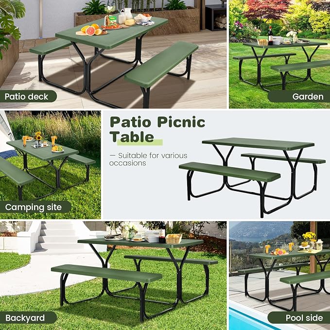 COSTWAY Outdoor Picnic Table, HDPE Plastic Picnic Table Bench Set | Weather Resistant Tabletop & Wood Texture, Ideal for Patio, Backyard (59" D x 54" W x 28.5" H,Green)