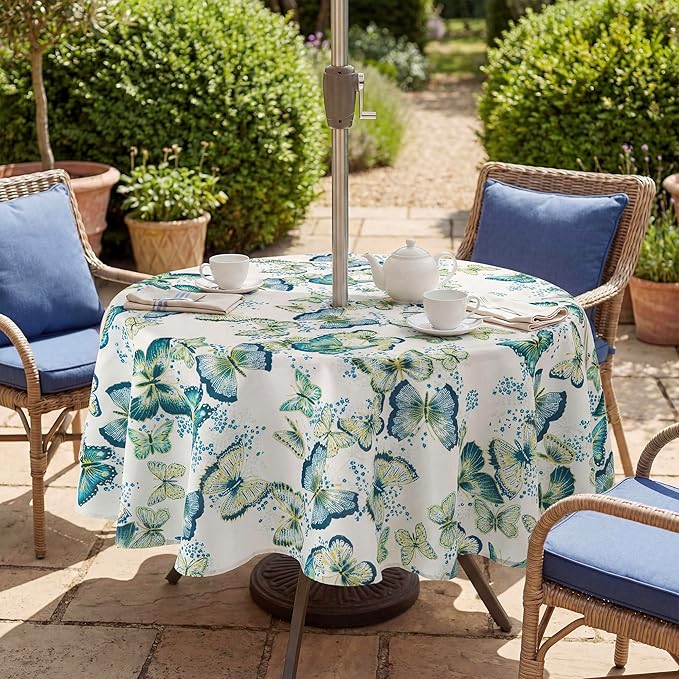 Lamberia 60" Round Patio Tablecloth with Umbrella Hole and Zipper, Waterproof Outdoor Table Cover for Patio, Backyard, BBQ, Picnic & Indoor Dining, Washable Polyester Circular Tablecloth