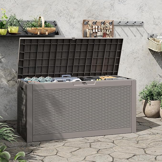 60 Gallon Outdoor Storage Deck Box Waterproof,Large Resin Storage Container for Outside,Patio Accessories for Outsid,Backyard Delivery Boxes,Lockable Lid,Rattan Gray