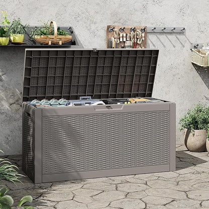 60 Gallon Outdoor Storage Deck Box Waterproof,Large Resin Storage Container for Outside,Patio Accessories for Outsid,Backyard Delivery Boxes,Lockable Lid,Rattan Gray