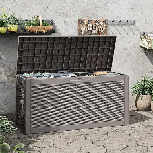 60 Gallon Outdoor Storage Deck Box Waterproof,Large Resin Storage Container for Outside,Patio Accessories for Outsid,Backyard Delivery Boxes,Lockable Lid,Rattan Gray